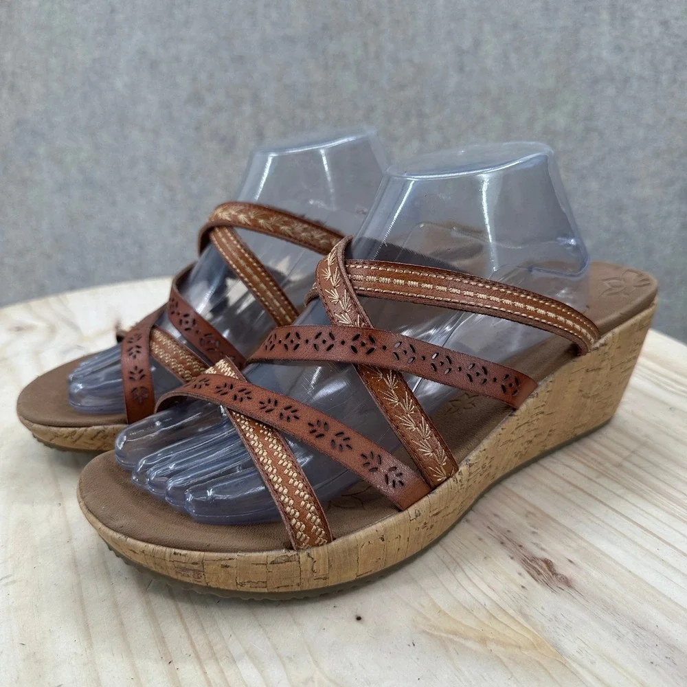 Skechers Rumblers Wedge Sandals Womens 11W Brown Strappy Laser Cut 38522